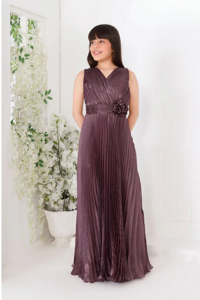 Wine Pleated Full-Length Party Gown with Floral Waist Detail For Girls